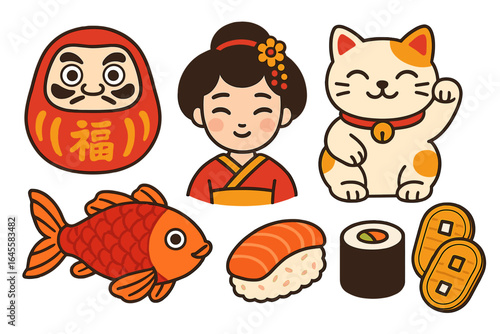 Kawaii Japan icons set. Cute Japanese traditional symbols collection. Cartoon vector illustration of Daruma doll, Maneki-neko lucky cat, geisha girl, koi fish, and sushi.
