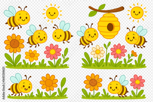 Cute cartoon bee set. Happy honeybees flying around flowers, a beehive, and a smiling sun. Whimsical summer garden scene. Kids vector illustration collection for print.