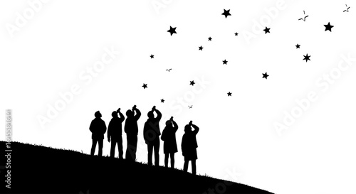 silhouetted group gazing at a starry night sky achieving shared dreams and collective aspiration