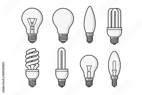 Set of different light bulbs. Vector illustration collection of various lamp types. Concept for idea, innovation, electricity, energy saving technology. Cartoon graphic icons.