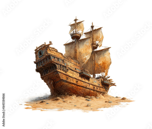 Shipwreck discovery ancient pirate ship beach digital fantasy, isolated on transparent background, png