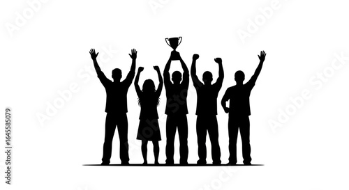 celebrate team success victorious group silhouette raising trophy ideal for award ceremony achievement and teamwork presentations
