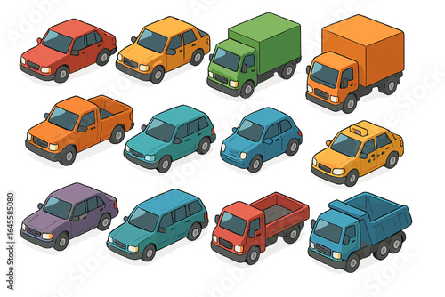 Isometric vehicle set. Collection of colorful cars and trucks for transport or traffic concepts. Vector cartoon illustration includes taxi, van, suv, sedan and lorry models.