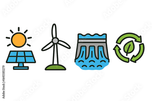 Renewable energy icon set. Solar panel, wind turbine, hydroelectric dam, and recycling symbols. Green energy concept for sustainability, ecology, and environmental conservation.