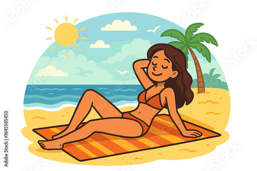 Woman relaxing on beach, sunbathing on towel. Girl in bikini on summer vacation. Tropical travel, leisure lifestyle concept. Seaside scenery with ocean, sun, sand, palm tree.