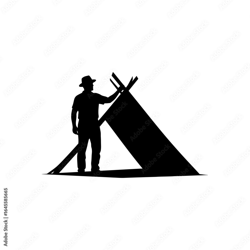 Fototapeta premium silhouette of a man constructing a simple shelter perfect for adventure survival and camping branding