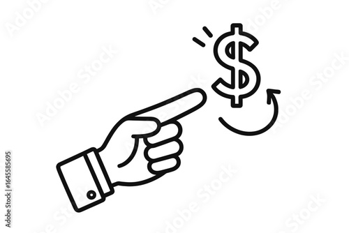 Hand pointing to dollar sign. Financial transaction concept. Money payment and investment symbol. Business income, profit, salary, cashback, and refund vector icon.