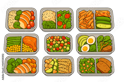Vector illustration set of healthy meal prep containers. Daily lunch boxes with balanced portioned food. Diet concept with chicken, salmon, salad, pasta, vegetables.