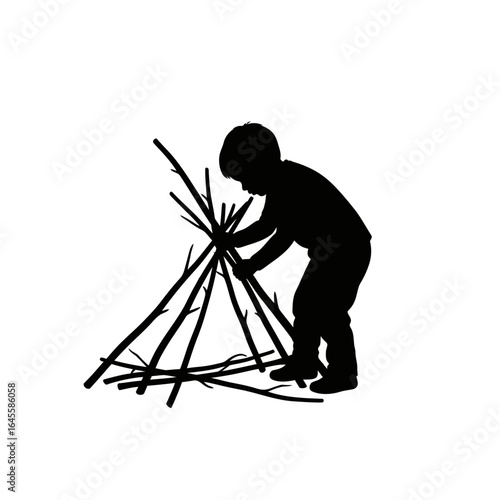young boy building a teepee fire pit perfect for storytelling camping and childhood adventure illustrations