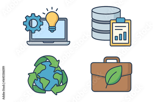 Modern business icon set. Technology innovation, data management, sustainability practices. Vector symbols for green business, ESG, corporate strategy, eco-friendly concepts.