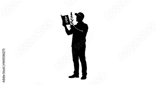 silhouette of a botanist or agricultural researcher carefully studying plant specimen and field notes illustrating scientific research nature conservation and sustainable agriculture