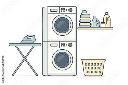 Laundry room interior. Stacked washing machine and dryer. Vector illustration of home appliances, iron, ironing board, laundry basket, detergent. Household chores concept. Clean.