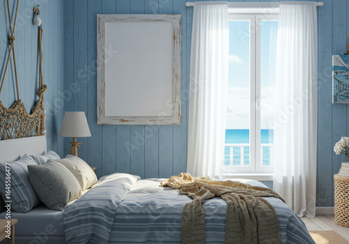 Cozy Beach Bedroom with Ocean View: Nautical Decor, Blue Walls, White Curtains, and a Bed with Striped Linens and a Throw Blanket.