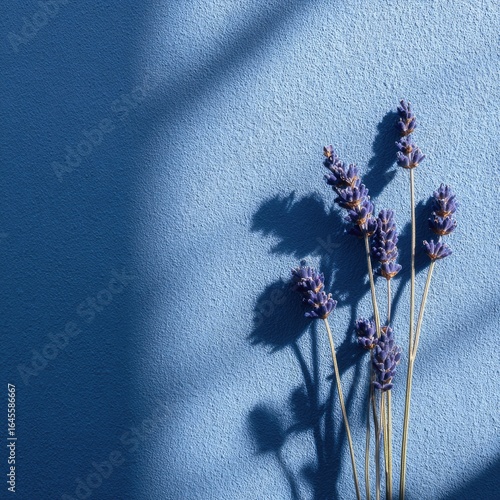 Lavender sprigs cast shadows on a cobalt blue wall, bathed in sunlight