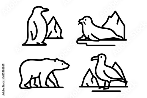 Polar wildlife line icon set. Arctic and Antarctic animal collection. Vector includes penguin, seal, polar bear, albatross. Minimalist outline symbols for nature concepts.