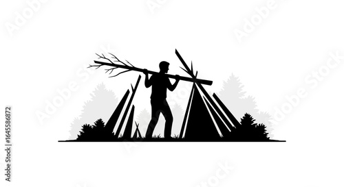 building a shelter silhouette of a man carrying wood towards a wilderness teepee representing resourcefulness and survival skills