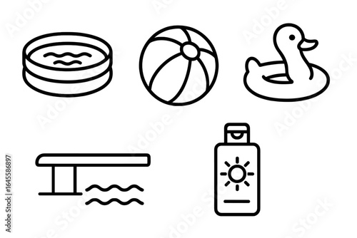 Vector pool party icon set, outline style. Summer vacation, beach, and swimming concept symbols. Features inflatable pool, beach ball, duck float, diving board, sunscreen.