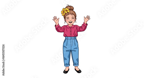 happy girl with flower hair clip welcoming celebrating success joyful illustration for websites blogs and childrens products