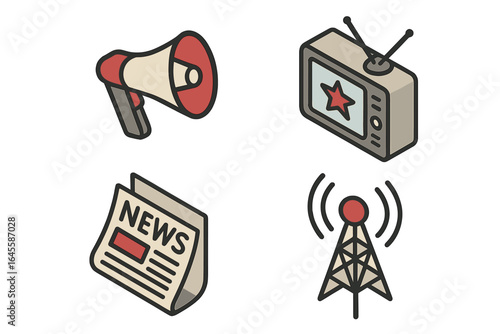 Propaganda isometric icon set. Media control, fake news, and state communication concept. Flat vector illustration with megaphone, tv, newspaper, and radio tower symbols.