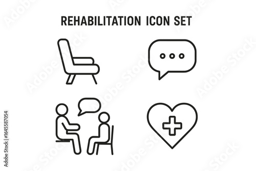Rehabilitation and counseling services outline icon set. Psychotherapy, mental health support, psychologist consultation, and addiction recovery vector line icons.