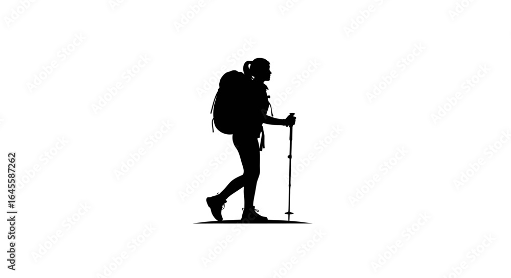Fototapeta premium silhouette of a female hiker with backpack and trekking poles perfect for adventure travel and outdoor lifestyle branding