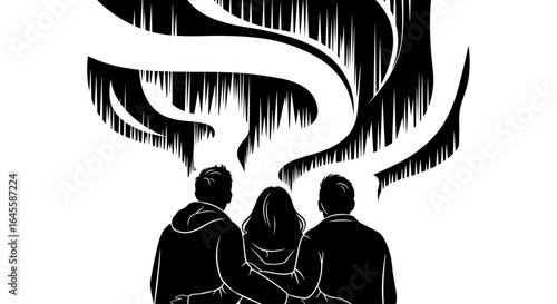 three silhouettes under a swirling aurora unity mystery and the shared wonder of the northern lights