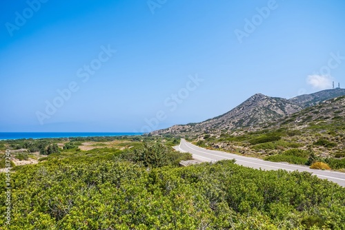 View of the coast and coastal road of Rhodes, Greece