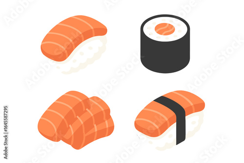 Salmon sushi and sashimi icon set. Isometric flat design style. Japanese cuisine elements with nigiri, maki roll, and raw fish. Asian seafood for restaurant menu.