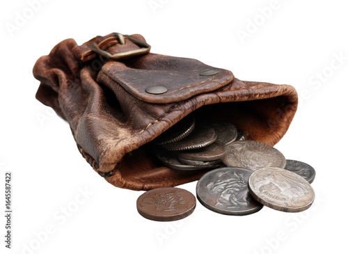Ancient coins and leather pouch historical value, isolated on transparent background, png