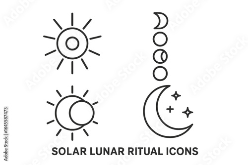 Solar lunar ritual icon set. Minimal line art of sun, moon phases, solar eclipse, and crescent with stars. Esoteric celestial symbols for astrology, magic, or spiritual design.