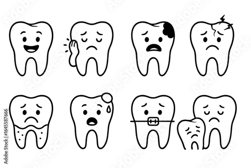 Cute tooth characters icon set showing dental problems. Cartoon teeth collection with different emotions. Dental care for kids. Vector illustration of caries, toothache, crack, braces.