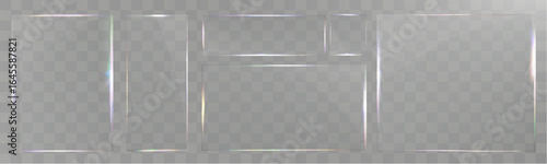Transparent glass frame set isolated, realistic clear plastic film border, shiny glare overlay, vector template for photo decoration.	
