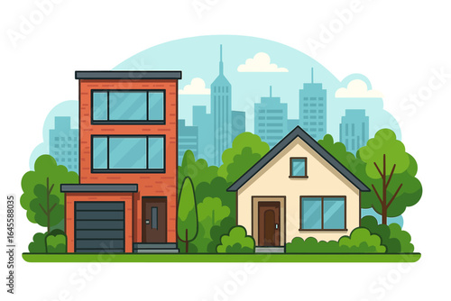 Urban and suburban homes concept. Modern architecture townhouse and cottage house side by side. Cityscape background. Real estate property. Neighborhood vector cartoon style.
