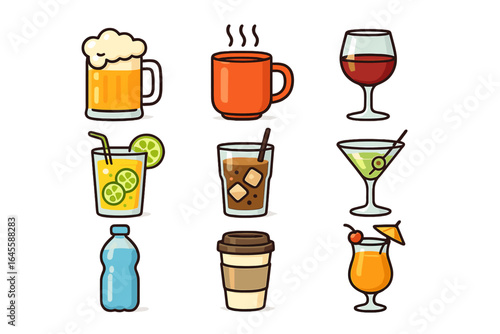 Drink and beverage icon set. Vector cartoon collection of beer, wine, coffee, tea, juice, soda, cocktail, and water. Isolated flat illustration for bar or cafe menu.
