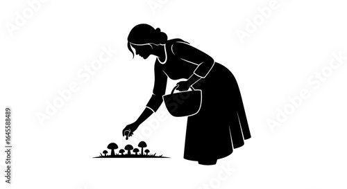 woman harvesting mushrooms a silhouette illustration for ecofriendly sustainable living and foraging content