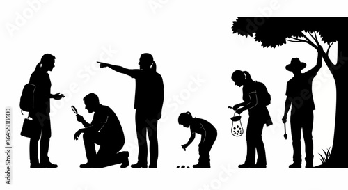 silhouette illustration of a family exploring nature discovering and collecting specimens perfect for educational resources environmental awareness campaigns and outdoor adventure websites