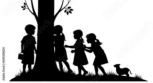 silhouetted children playing hideandseek near a tree a charming illustration for childrens books educational materials or storytelling projects