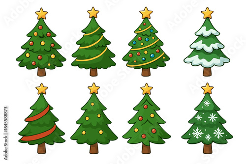 Set of cartoon Christmas trees for holiday design. Vector collection of festive decorated firs with stars, ornaments, and snow for winter celebration graphic elements.