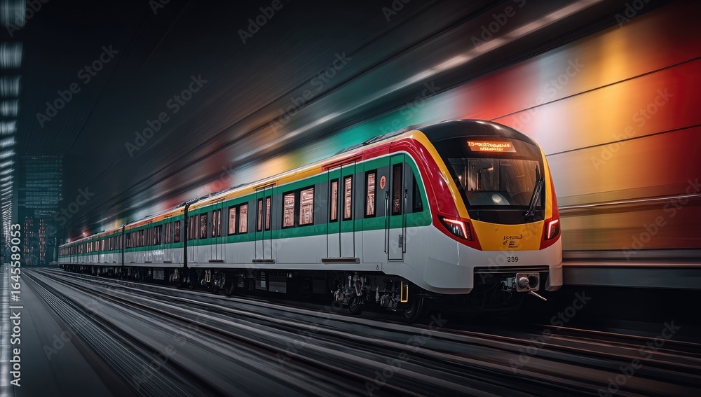 Naklejka premium Modern train speeds through a dark tunnel lit by vibrant colors