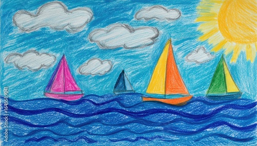Childlike crayon drawing of four sailboats on a wavy ocean under a sunny sky with fluffy clouds
