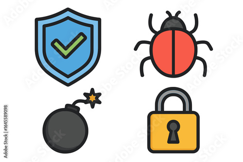 Cybersecurity icon set with shield, bug, bomb, and lock. Vector cartoon illustration of digital security threats like virus, malware, and data attacks. Flat design concept.
