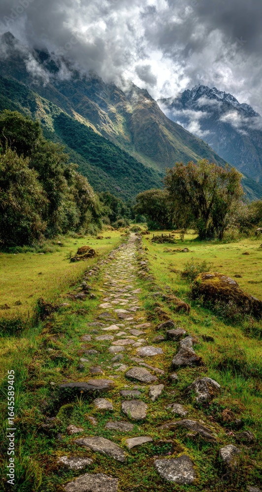 Obraz premium A stone path winds through a verdant valley, flanked by lush greenery and majestic, cloud-shrouded mountains