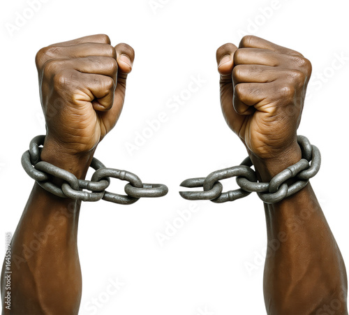 Clenched fists of a Black man breaking heavy iron shackles, a powerful symbol of freedom and defiance, Isolated on Transparent and White Background