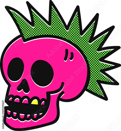 Vector punk skull in vivid pink with bold graphic style and rebellious vibe. Perfect for rock, gothic, or Halloween themes, tattoos, stickers, posters, and alternative subculture designs.