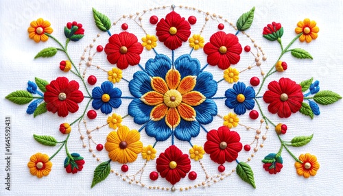 Symmetrical floral embroidery design, vibrant colors, circular pattern
