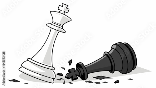 Cartoon Illustration of a White King Standing Over a Shattered Black King.