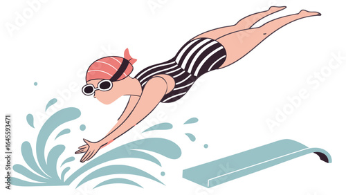 Cartoon Swimmer Diving into Water from Board.