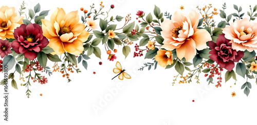 Horizontal watercolor border of yellow, orange, and burgundy flowers with dragonfly isolated on transparent background

