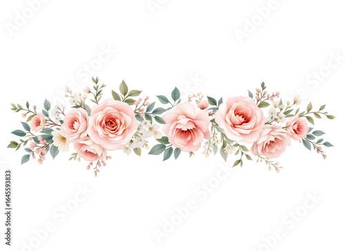 Elegant watercolor pink roses floral divider, isolated on transparent background

