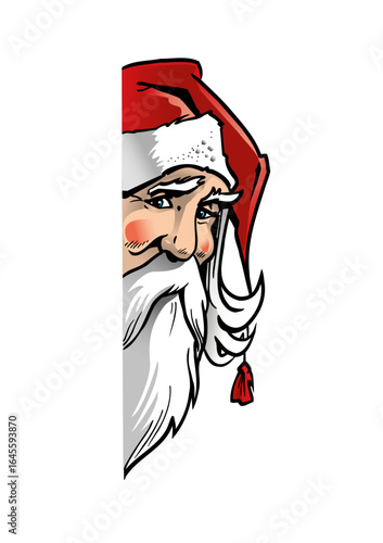 Santa Claus (Father Christmas) peeks out from behind the door